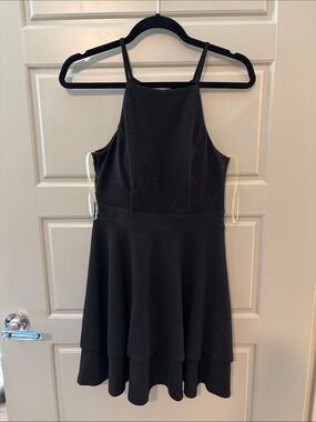 Three Pink Hearts Black Sparkle Halter Skater Dress